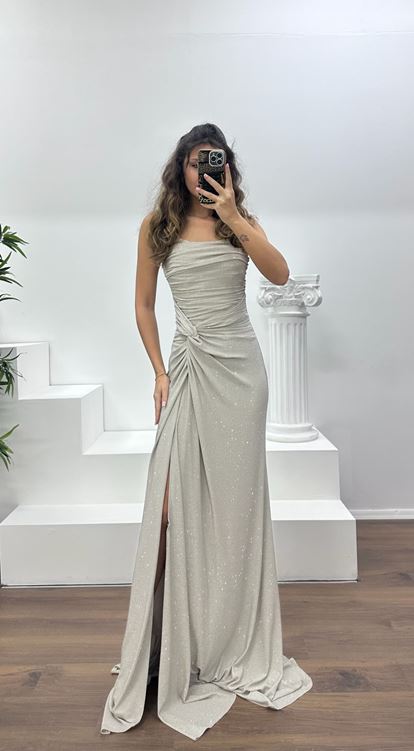 Vizon Straplez Paraltılı Abiye Elbise