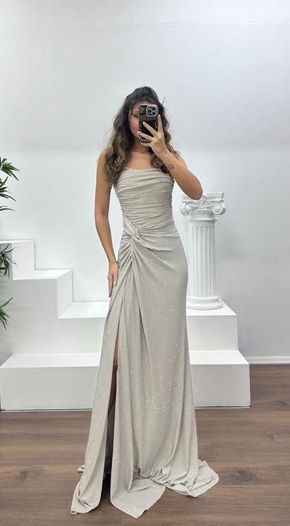 Vizon Straplez Paraltılı Abiye Elbise