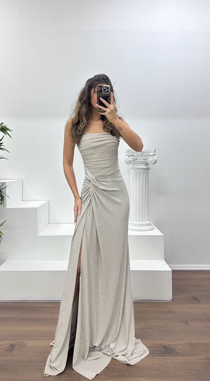 Vizon Straplez Paraltılı Abiye Elbise