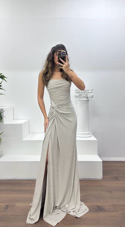 Vizon Straplez Paraltılı Abiye Elbise