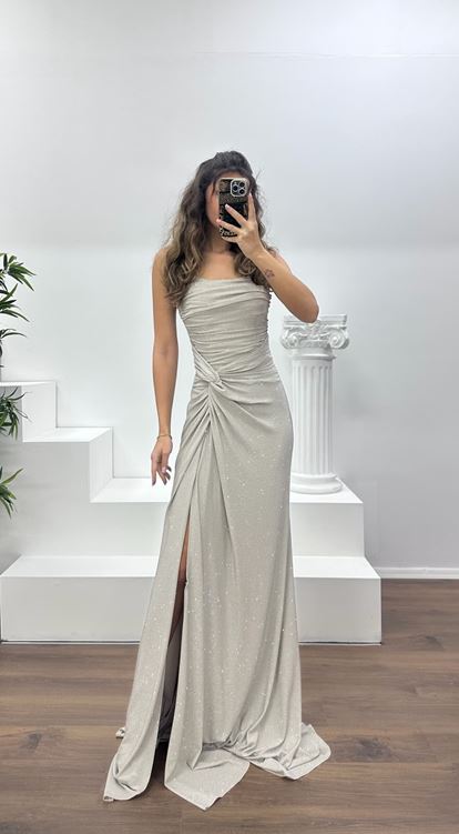 Vizon Straplez Paraltılı Abiye Elbise