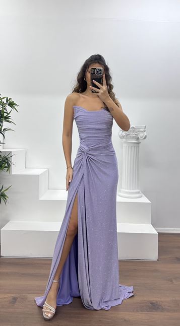 Lila Straplez Paraltılı Abiye Elbise