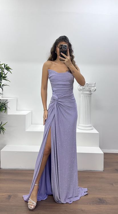 Lila Straplez Paraltılı Abiye Elbise