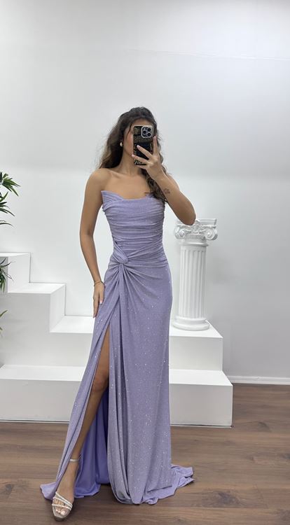 Lila Straplez Paraltılı Abiye Elbise