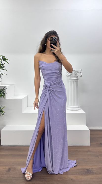 Lila Straplez Paraltılı Abiye Elbise