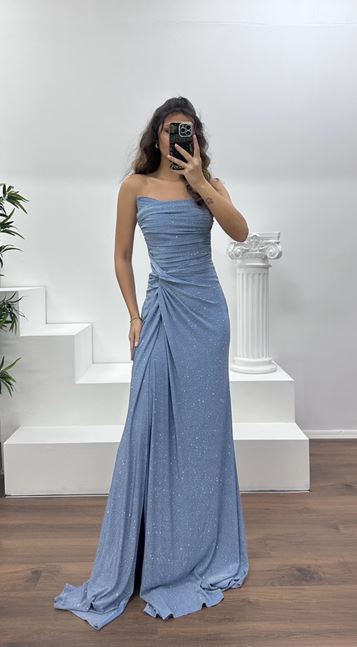 İndigo Straplez Paraltılı Abiye Elbise