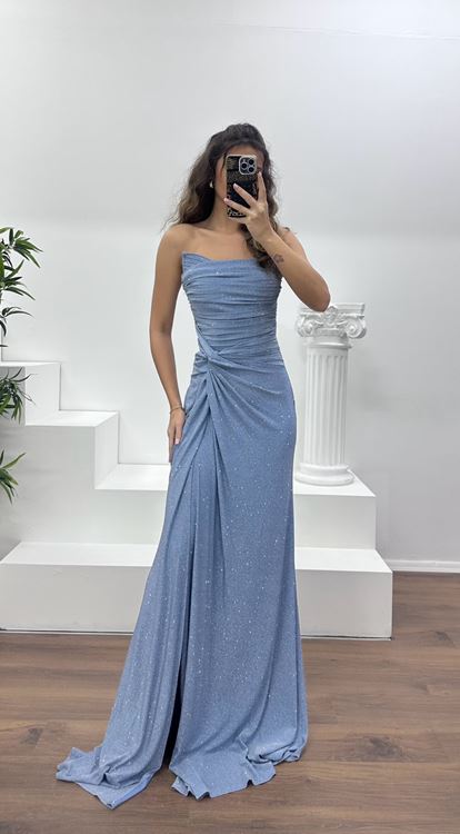 İndigo Straplez Paraltılı Abiye Elbise