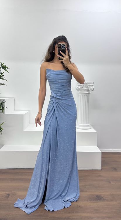 İndigo Straplez Paraltılı Abiye Elbise