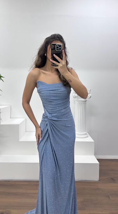 İndigo Straplez Paraltılı Abiye Elbise