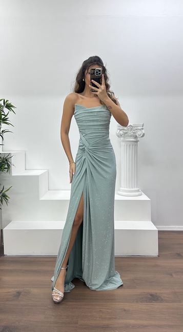 Firuze Straplez Paraltılı Abiye Elbise