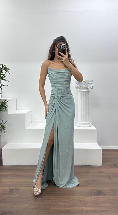 Firuze Straplez Paraltılı Abiye Elbise