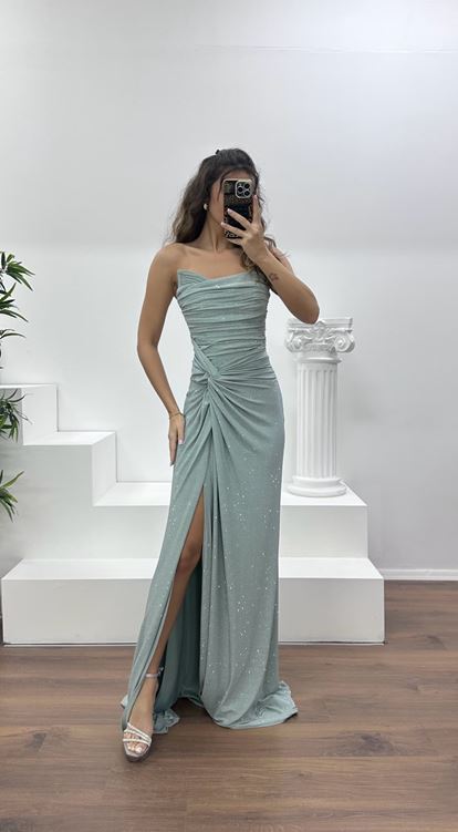 Firuze Straplez Paraltılı Abiye Elbise