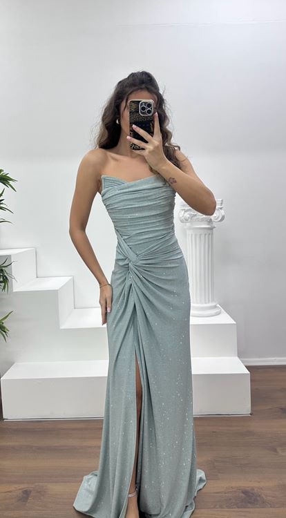 Firuze Straplez Paraltılı Abiye Elbise