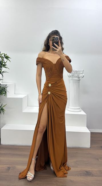 Copper Boat Neck Evening Dress with Brooch Detail
