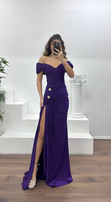 Purple Boat Neck Evening Dress with Brooch Detail