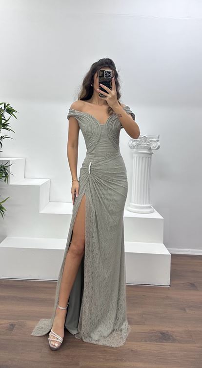 Açık Haki Straplez Dantel Abiye Elbise