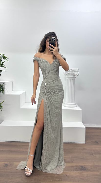 Açık Haki Straplez Dantel Abiye Elbise