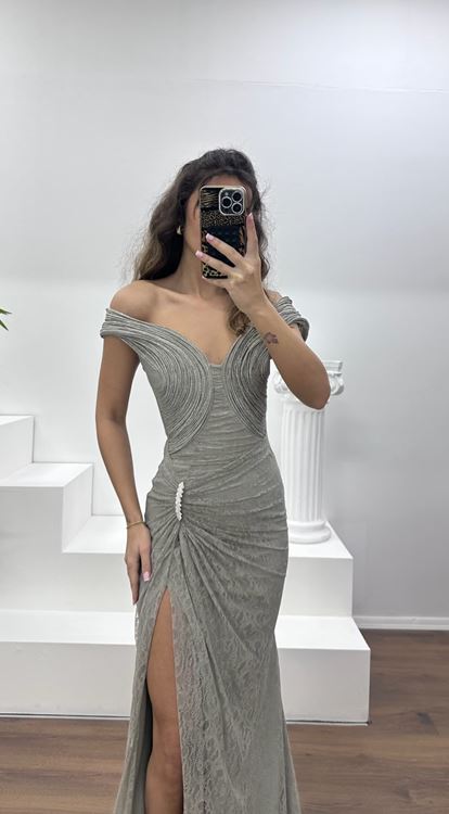 Açık Haki Straplez Dantel Abiye Elbise