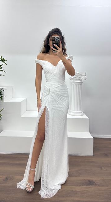 Kemik Straplez Dantel Abiye Elbise