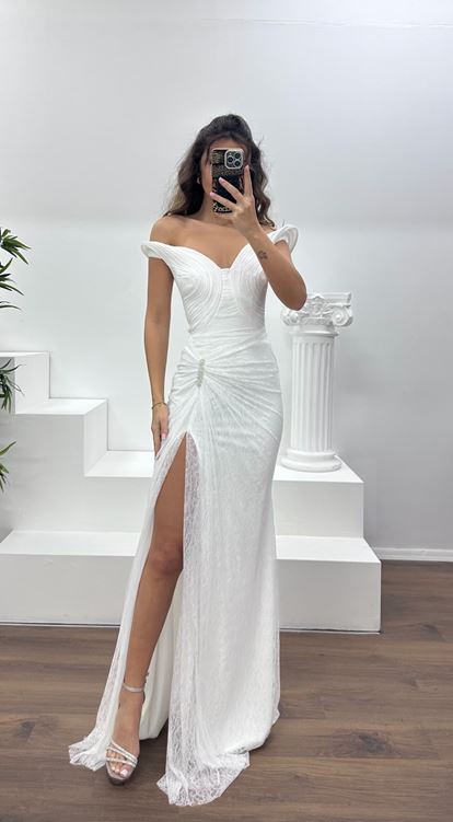 Kemik Straplez Dantel Abiye Elbise