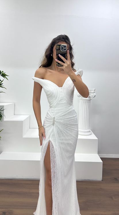 Kemik Straplez Dantel Abiye Elbise