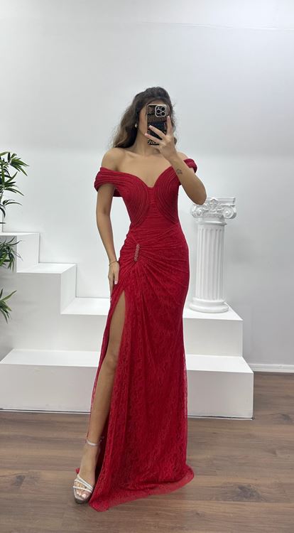 Kırmızı Straplez Dantel Abiye Elbise