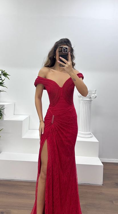 Kırmızı Straplez Dantel Abiye Elbise