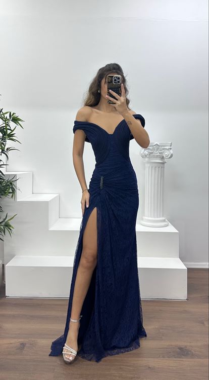 Lacivert Straplez Dantel Abiye Elbise