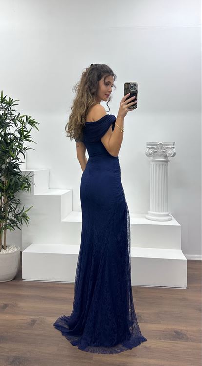 Lacivert Straplez Dantel Abiye Elbise