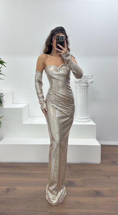 Koyu Gold Straplez Pullu Abiye Elbise