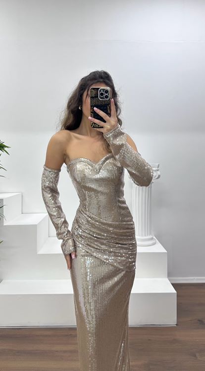 Koyu Gold Straplez Pullu Abiye Elbise