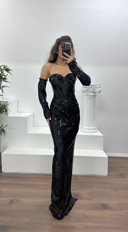 Siyah Straplez Pullu Abiye Elbise