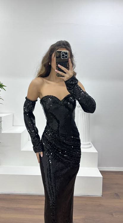 Siyah Straplez Pullu Abiye Elbise