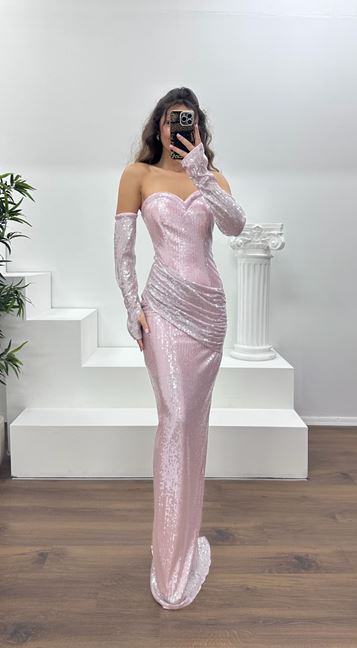 Pudra Straplez Pullu Abiye Elbise