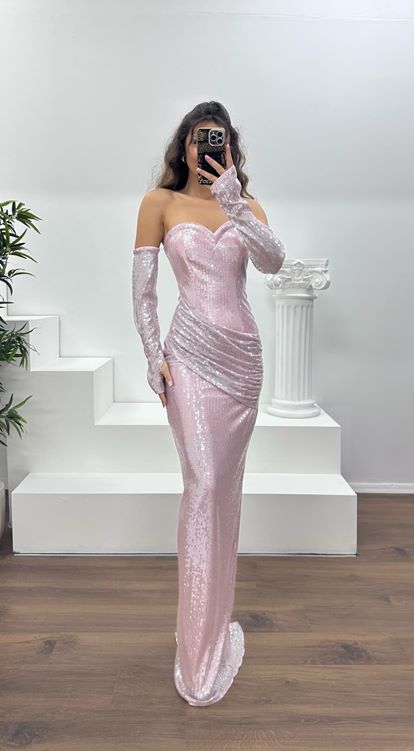 Pudra Straplez Pullu Abiye Elbise