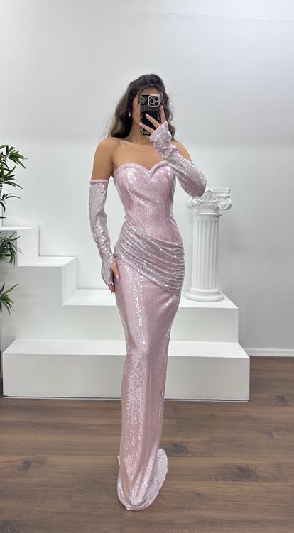 Pudra Straplez Pullu Abiye Elbise