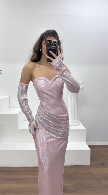 Pudra Straplez Pullu Abiye Elbise