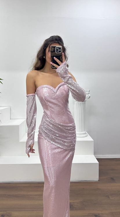 Pudra Straplez Pullu Abiye Elbise