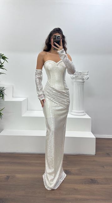 Ekru Straplez Pullu Abiye Elbise