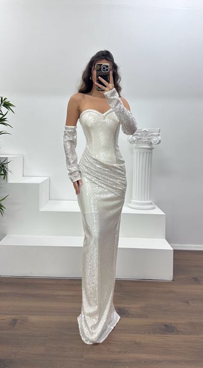 Ekru Straplez Pullu Abiye Elbise