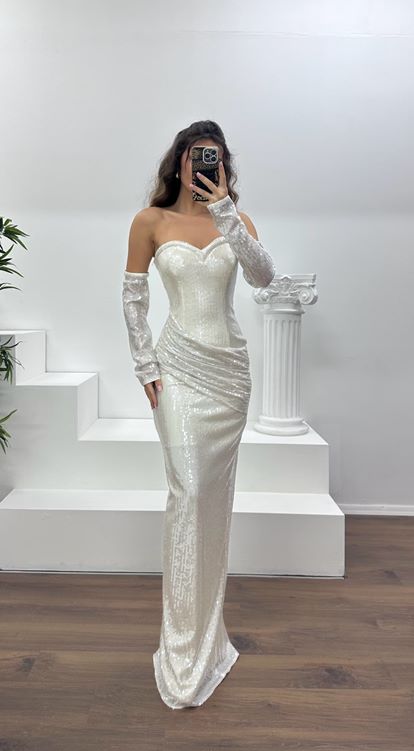 Ekru Straplez Pullu Abiye Elbise