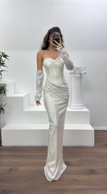 Ekru Straplez Pullu Abiye Elbise