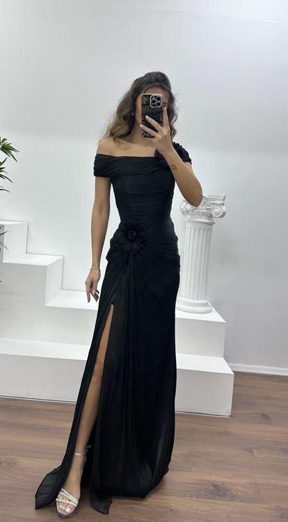 Siyah Çiçek Detay Şifon Abiye Elbise