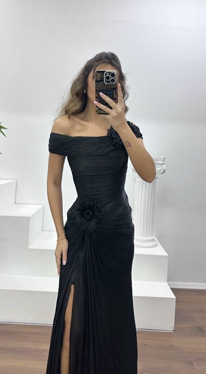Siyah Çiçek Detay Şifon Abiye Elbise