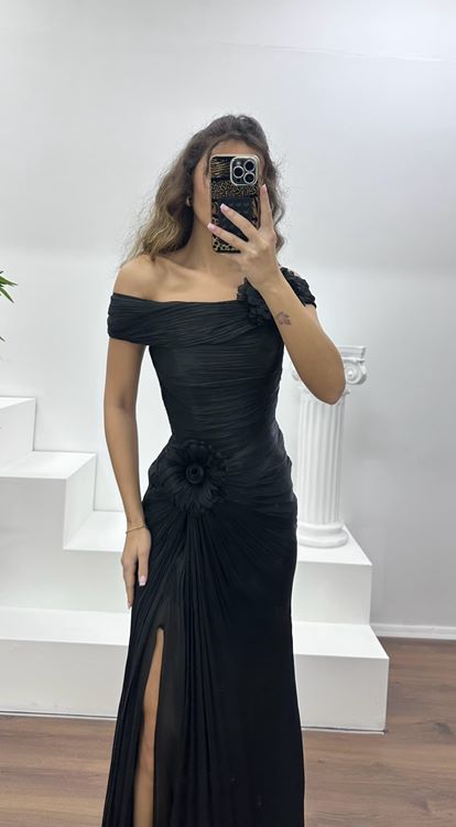 Siyah Çiçek Detay Şifon Abiye Elbise