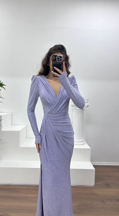 Lilac V-Neck Glittery Evening Dress
