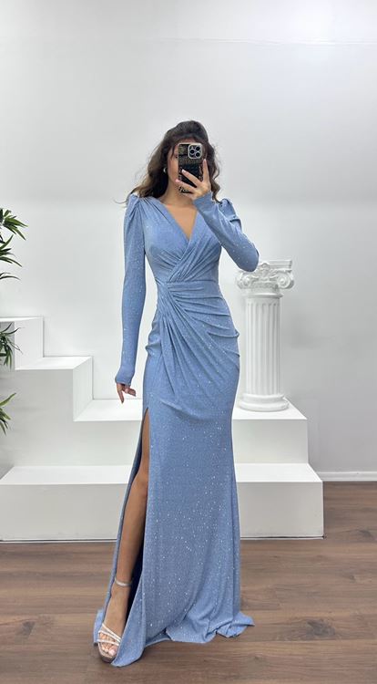 İndigo V Yaka Parıltılı Abiye Elbise