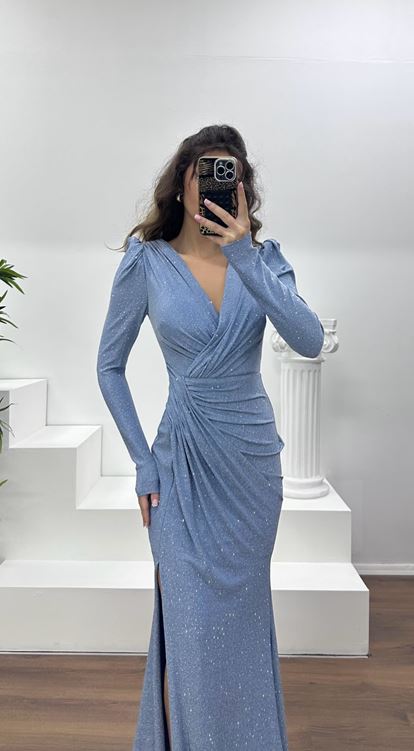 İndigo V Yaka Parıltılı Abiye Elbise