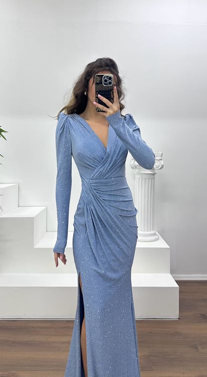 İndigo V Yaka Parıltılı Abiye Elbise