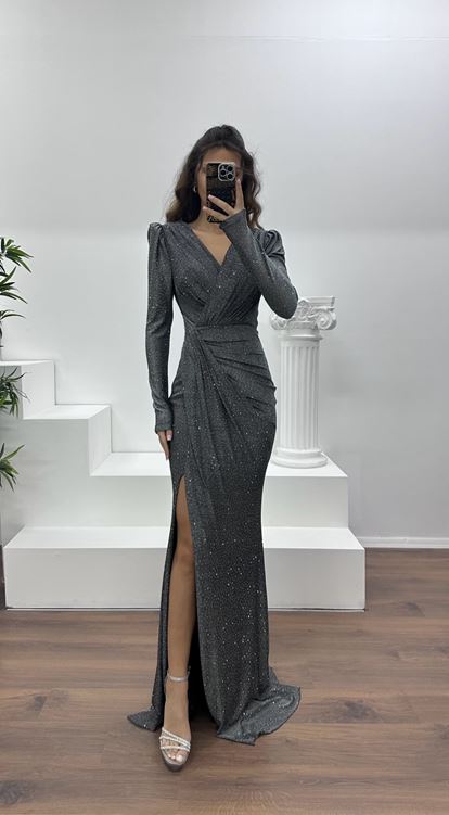 Siyah V Yaka Parıltılı Abiye Elbise
